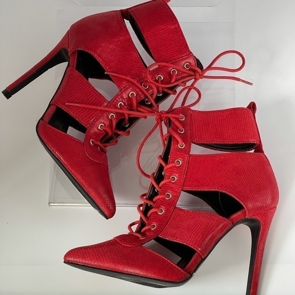 Fashion Nova Red Stiletto Pumps Heels Strappy Lace Up Ankle Boots Sexy, Sz 7 - Picture 5 of 8